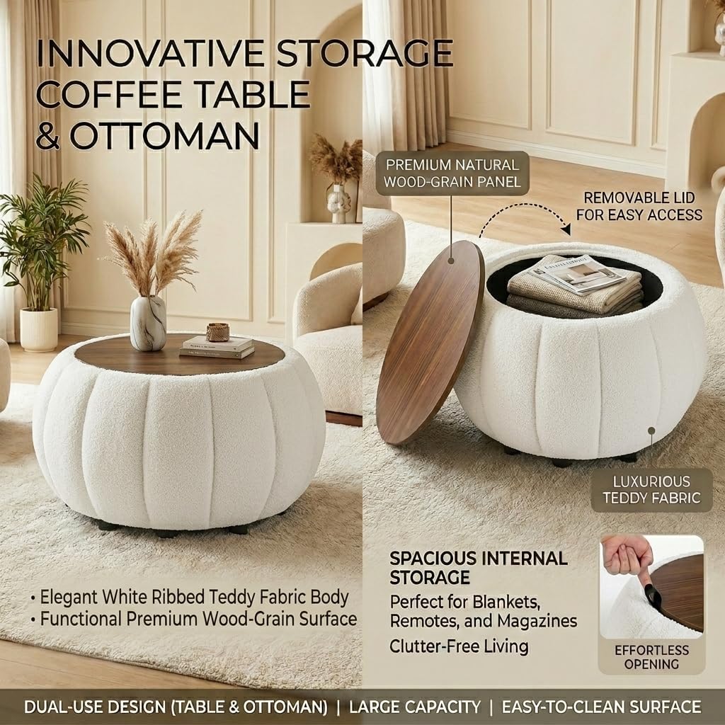 Ottoman Coffee Table for Living Room, Wooden Top Large Storage Ottoman, 30 Inches Round Coffee Table, Pumpkin Shaped Side Table, Multifunctional Teddy Fabric Footstool (White)
