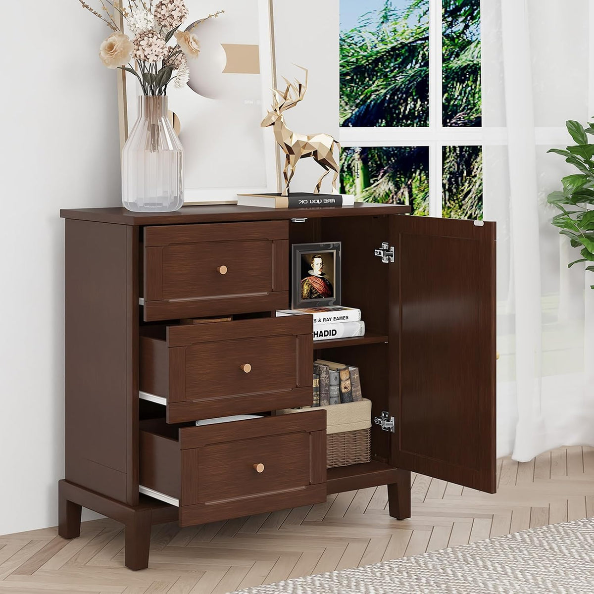 HLR Accent Cabinet with 3 Drawers and Door, Wooden Storage Cabinet with Shelves, Sideboard for Living Room, Entryway, Brown