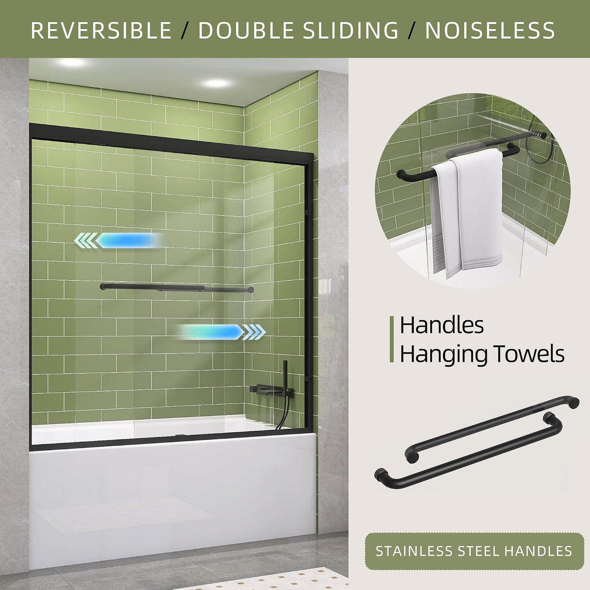 GETPRO Tub Shower Door Sliding 50-54 in. W x 58 in. H Semi-Frameless Bypass Double Sliding Bathtub Door for Bathroom,1/4 inch Clear Tempered Glass Tub Door Matte Black