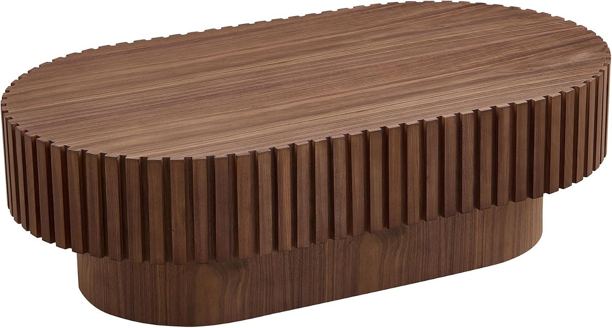 JUSTONE 43.7-Inch Oval Coffee Table, Farmhouse Solid Wood Drum Shape with Hand-Carved Relief, Living Room Apartment Décor, Walnut Finish, 43.7' L x13.7 H