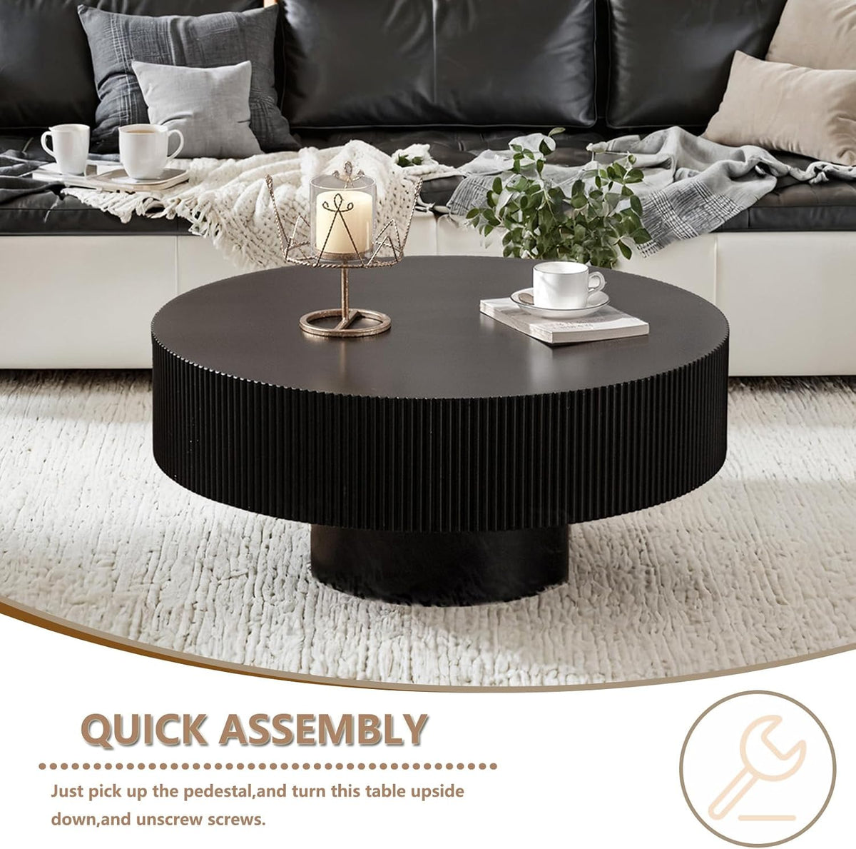 Round Handcraft Fluted Coffee Table with Sturdy Stable Pedestal Modern Luxury Drum Center Table Circle Accent Base Center Tables for Living Room Apartment (H)