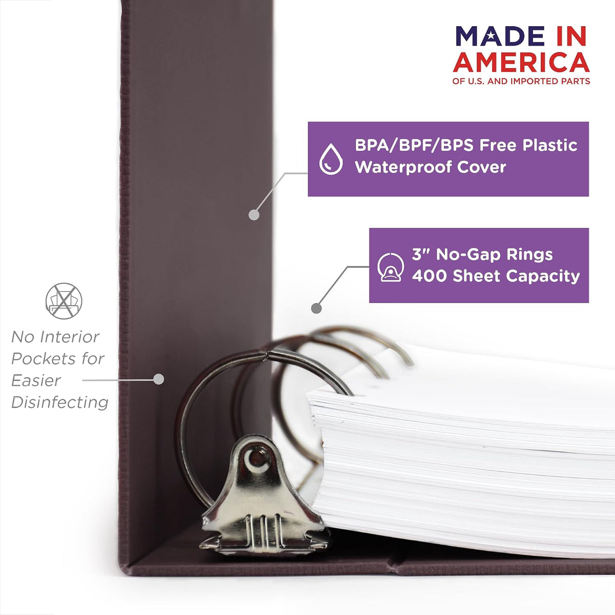 Carstens 3-Inch Heavy Duty Round Ring Binder for Medication Administration Records – Side Opening, Plum, Case of 14, Durable Plastic, No Pockets, Holds 400 Letter Sheets, Made in USA (1813-3RCS)
