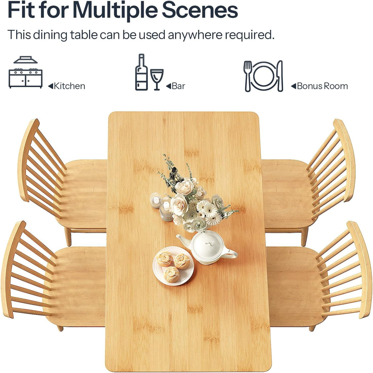 HOOBRO Dining Table, Bamboo Dining Room Table for 4-6, 47.2' Rectangle Kitchen Table, Easy to Assemble, for Dining Room, Living Room, Office, Kitchen, Apartment, Natural YL120CZ01