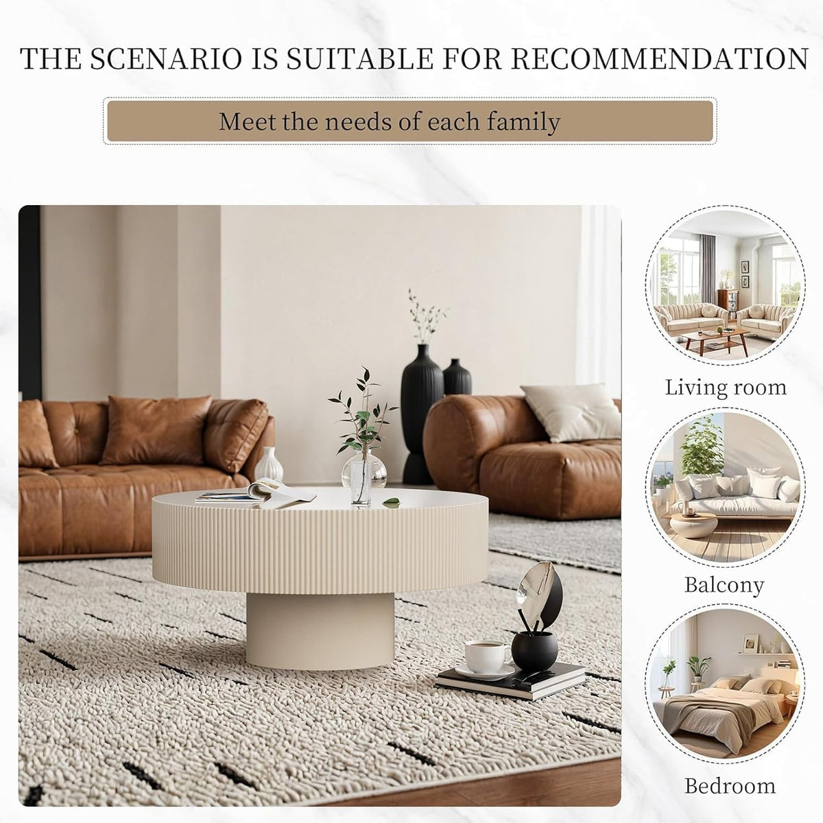 Round Drum Coffee Table 30.9'' Handcraft White Fluted Coffee Table with Sturdy Pedestal, Contemporary Style Small Accent Cocktail Center Tables for Living Room Office (C30.9in)