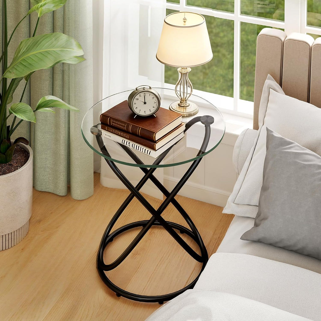BECHAEO Round Glass End Table Set of 2, 19.7'' Modern Side Table with Tempered Glass Tabletop, Unique Ring-Shaped Frame End Table for Living Room Bedroom