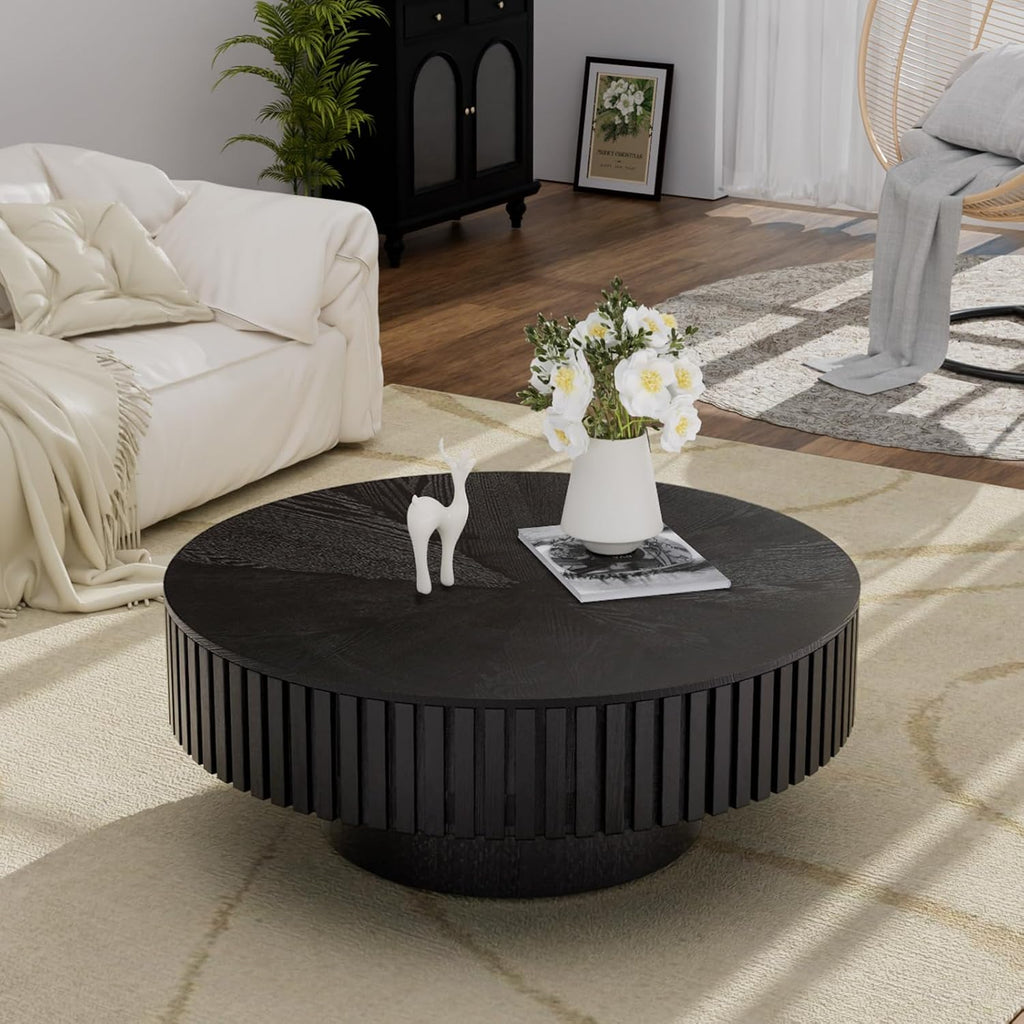 Round Handcraft Fluted Coffee Table with Sturdy Stable Pedestal Modern Luxury Drum Center Table Circle Accent Base Center Tables for Living Room Apartment (J)