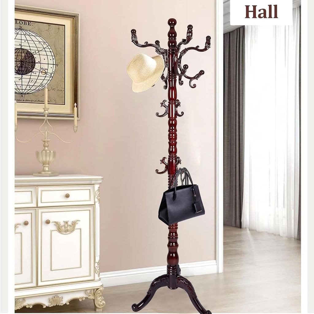 Wooden Coat Rack Freestanding, Hall Tree Hanger With Resin Hooks, Adjustable Heavy Duty Coat Rack for Hanging Clothes Bags Hats in Living Room Bedroom (coat rack, 3 Prong Legs-Rosewood Color)