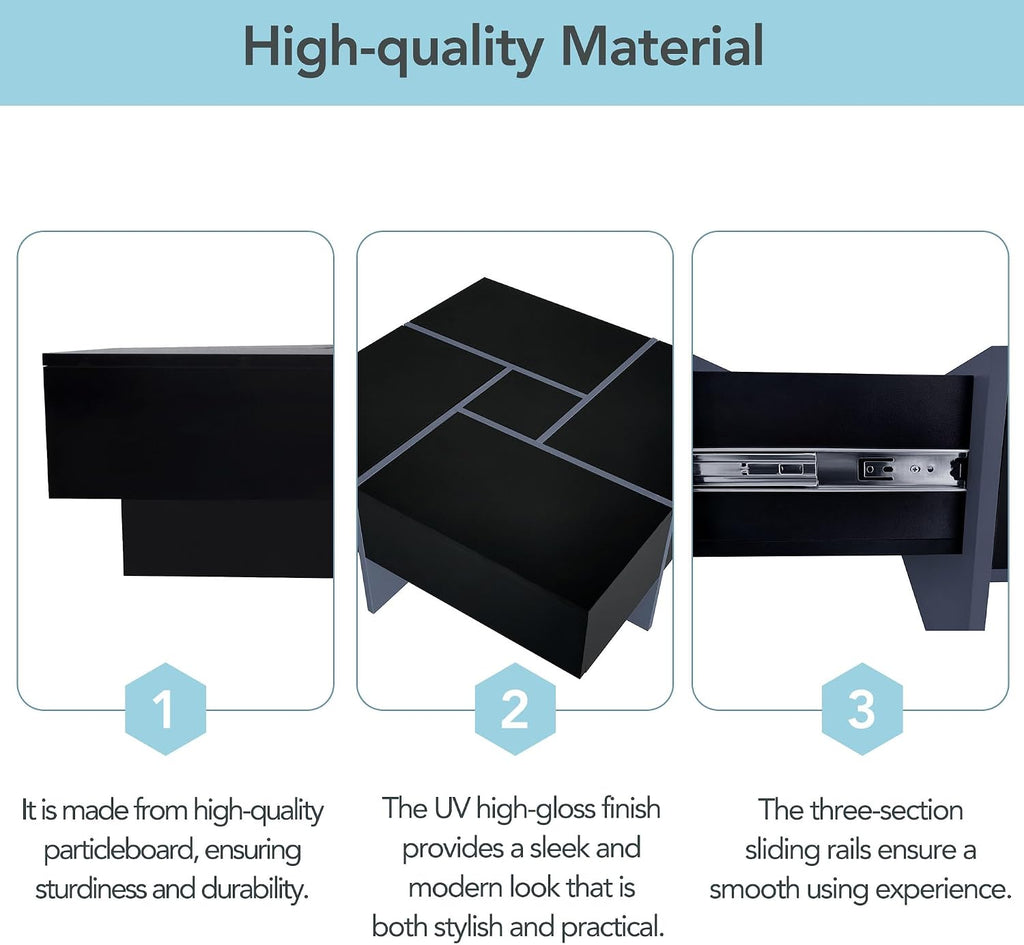 31.5' Black Square Coffee Table with 4 Hidden Storage Compartments, UV High-Gloss Design Wooden Center Table Cocktail Table for Living Room