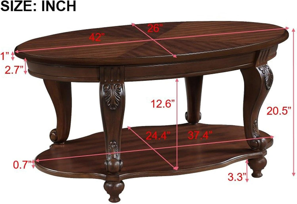 Wood Oval Living Room Coffee Table with Storage Shelf, 2 Tier Wood Coffee Table for Small Space - Cherry