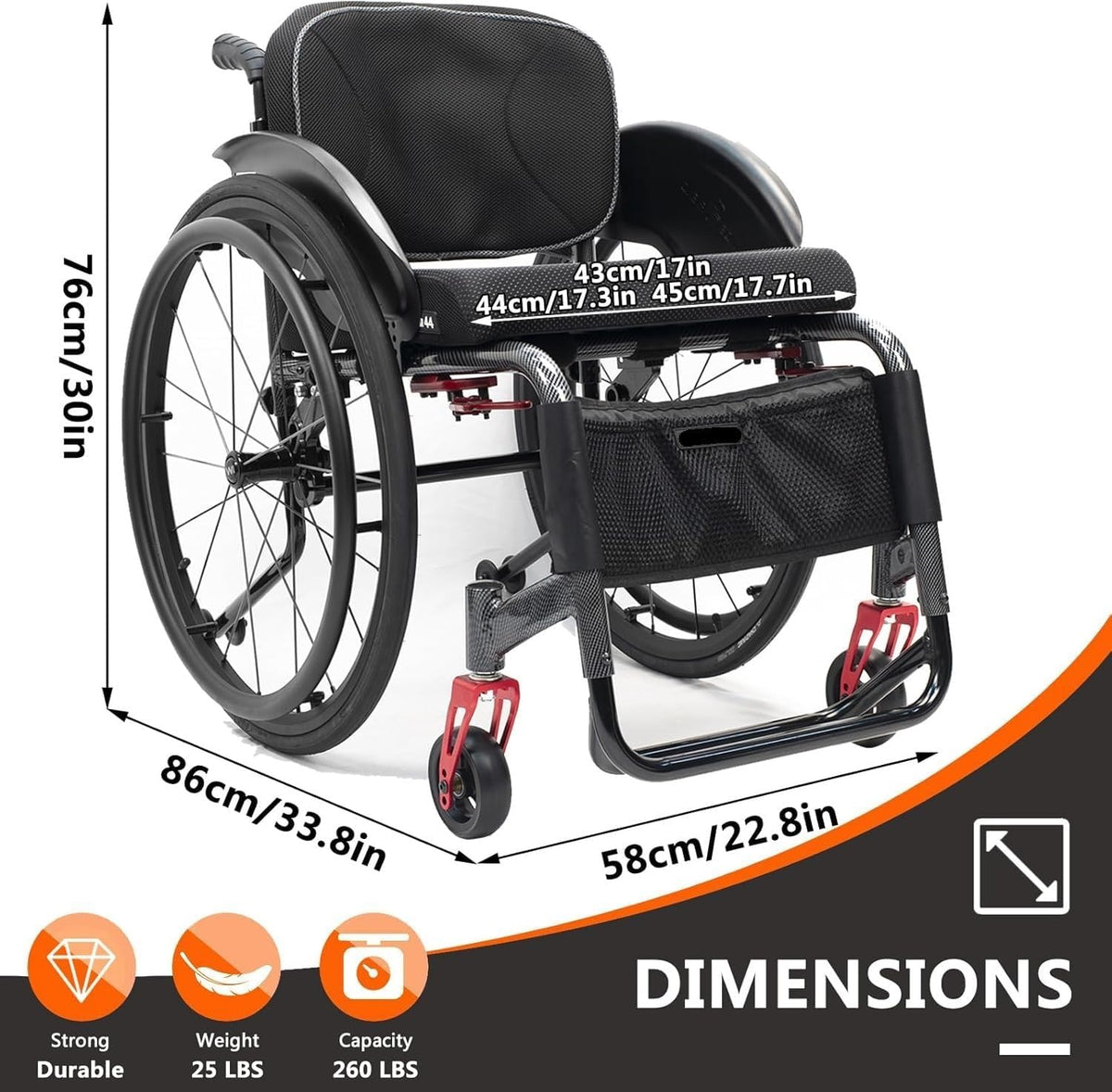 Aluminium Sports Wheelchair,Ultralight Transit Travel Wheelchair,Lightweight Transport Wheelchair,Portable Fast Self-Propelled Wheelchair,Quick Releasefor Rear Wheel,Manual Brake,Storage Bag(43cm/17in