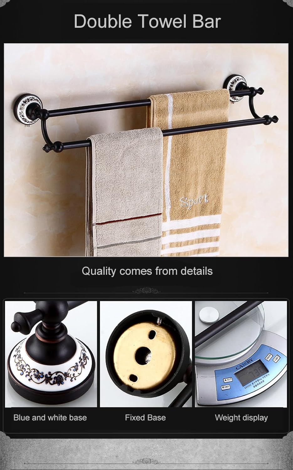 Black Brass Bathroom Hardware Set Porcelain Towel Shelf Towel Rack Toilet Paper Holder Towel Bar Hook Bathroom Accessories,Double Towel bar2