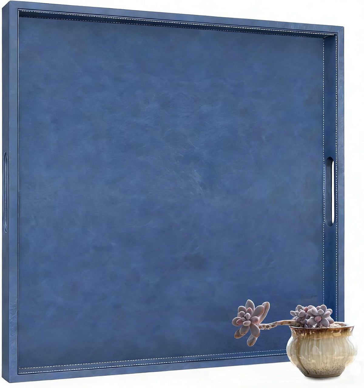 30 x 30 inches Leather Ottoman Serving Tray with Hole Handles, Square Extra Large Modern Service Tray for Living Room, Coffee Table, Bed, Tea, Food, Butler Countertop, Kitchen, Dinner, Picnic (Blue)