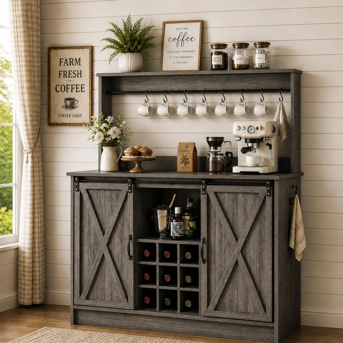 4ever2buy Farmhouse Coffee Bar Cabinet with 9 Wine Racks and 6 Hooks, 47 Inch Wine Cabinet with Storage, Kitchen Buffet Cabinet with Adjustable Shelves for Living Dining Room, Grey