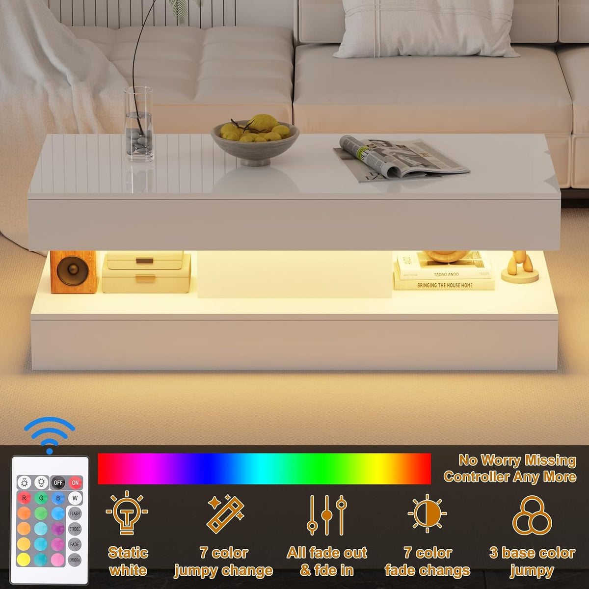 47.2 Inch Coffee Table with LED Lights, Modern High-Gloss Open Shelf Design, 2-Tier Floating Center Table with Illumination, Large LED Coffee Table for Living Room (Pur White)