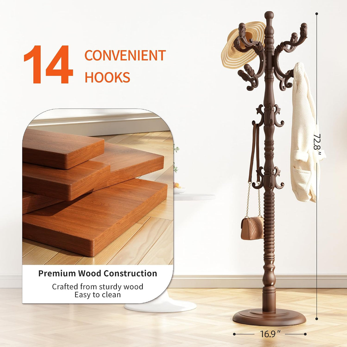 Wood Coat Rack Stand Wooden Coat Rack Freestanding Hall Coat Tree with Sturdy Round Base and 14 Hooks for Hats Bags Purses Vintage Coat Tree Hanger Stand for Entryway Hallway Bedroom, Brown