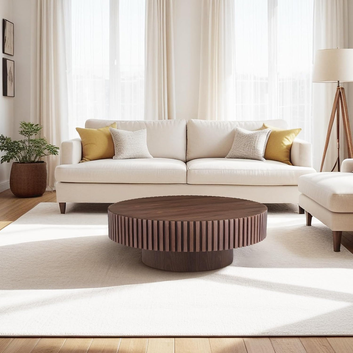 39.37' Round Wood Coffee Table, Modern Unique Circle Coffee Table, Contemporary Drum Fluted Accent Side Table Center Table for Living Room, Office, Apartment, Walnut