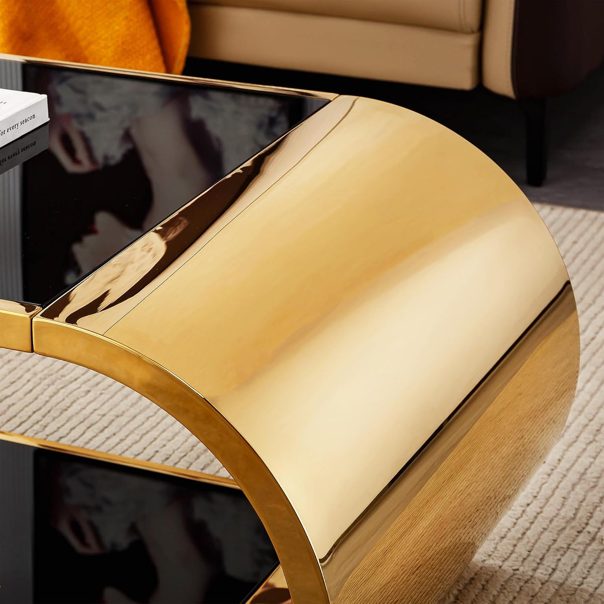 Luxrious Gold Coffee Table with Black Glass Top Living Room Tea Table with Gold Stainless Steel Base,57'