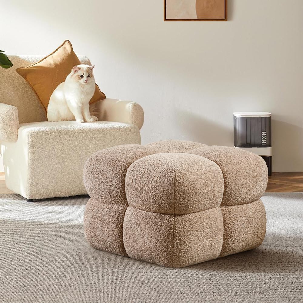 Square Ottoman Stool, Boucle Ottoman Coffee Table with with Full Coverage, Modern Vanity Stool, Upholstered Tufted Foot Rest Pouf for Bedroom, Living Room, Entryway, Tan