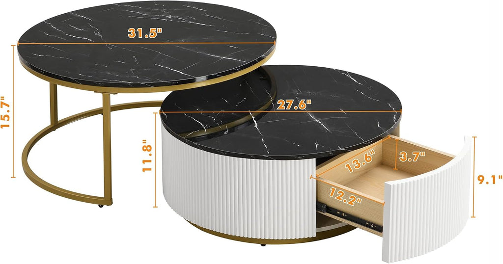 31.5' Black Round Nesting Coffee Table, Modern Coffee Table for Living Room with Storage Drawer Marble Tabletop End Side Table for Bedroom Dining Room