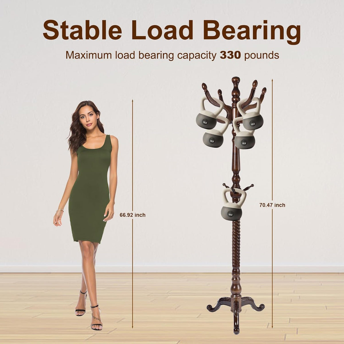 Solid Wood Coat Rack – 74.8' Freestanding Coat Racks Stand with 11 Hooks & Stable Base, Adjustable Height Modern Wooden Hall Tree for Entryway, Bedroom, Office, Home (Walnut Triangle)