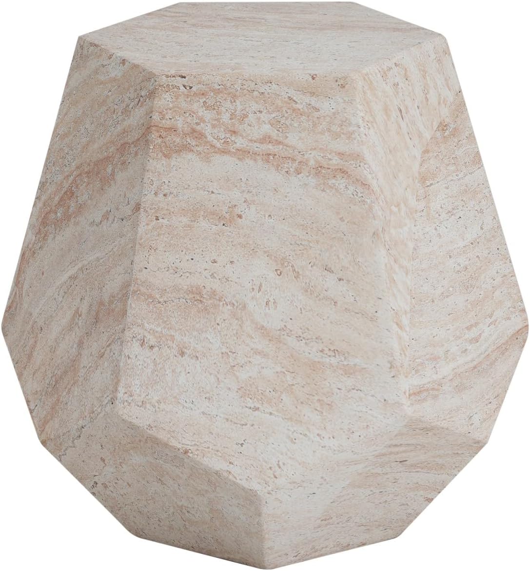 KEVINSPACE Small Side Coffee Table Outdoor MGO Hexagonal Round Travertine End Living Room Accent Sofa Bedside Couch Table Bedroom Apartment Indoor 20.5' W x18.75 H Beige Concrete
