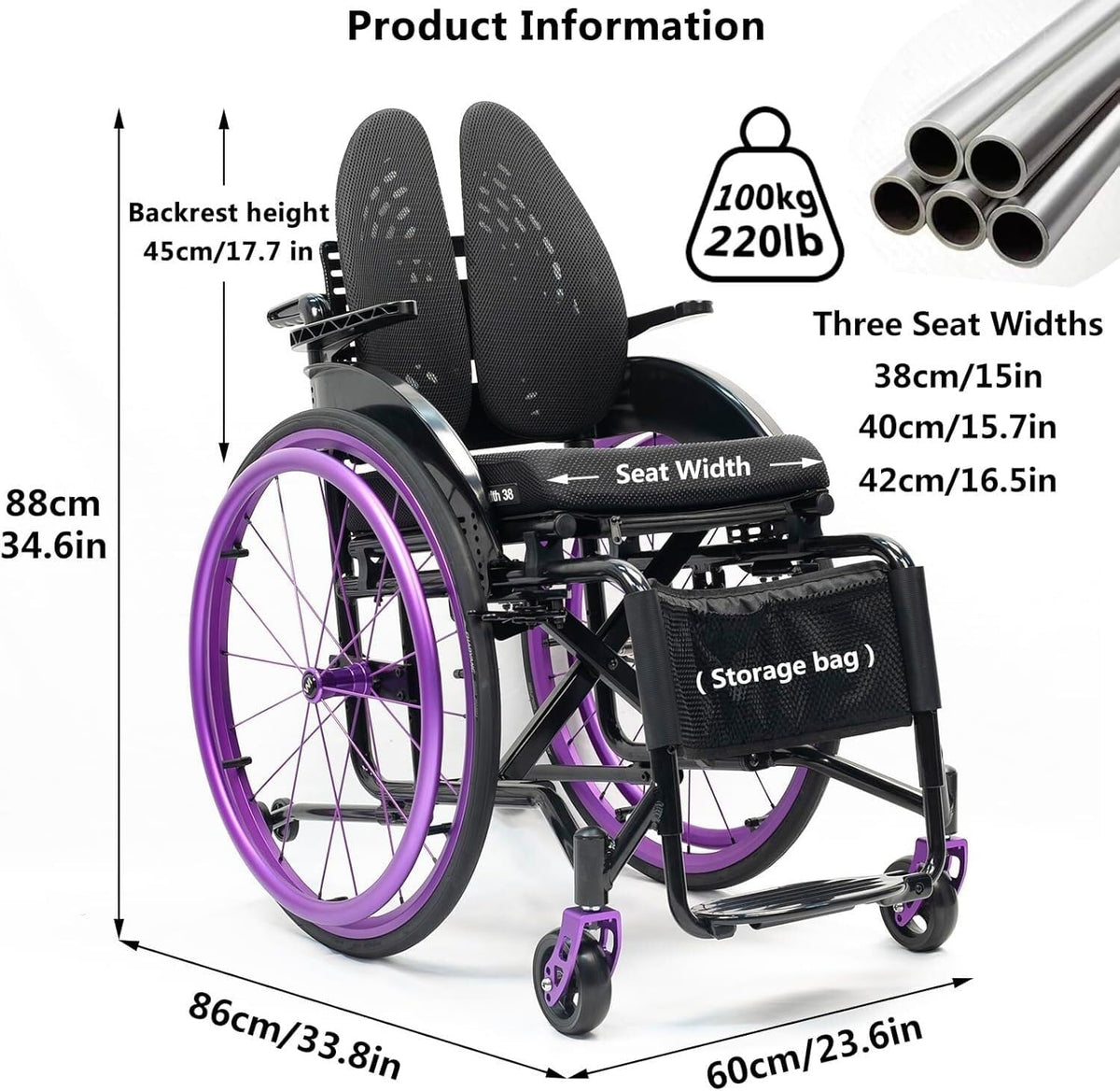 Lightweight Sports Wheelchair,Self-propelled Manual Wheelchairs,Folding All-Terrain Ultra Wheelchair,Aluminum Alloy Wheelchair,Lightweight Wheel Chair for Adults,Quick Release Rear Wheels(38cm/15in)
