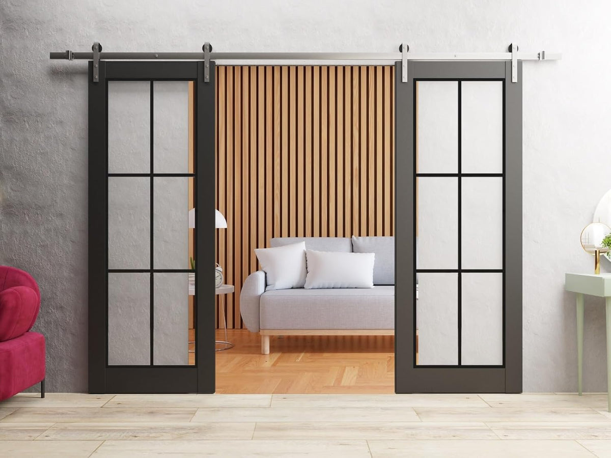Sturdy Double Barn Door with Clear Glass | Lucia 2366 Matte Black | Stainless Steel 13FT Rail Hangers Heavy Set | Solid Panel Interior Doors-48' x 96' (2 * 24x96)-Silver Rail-Clear Glass