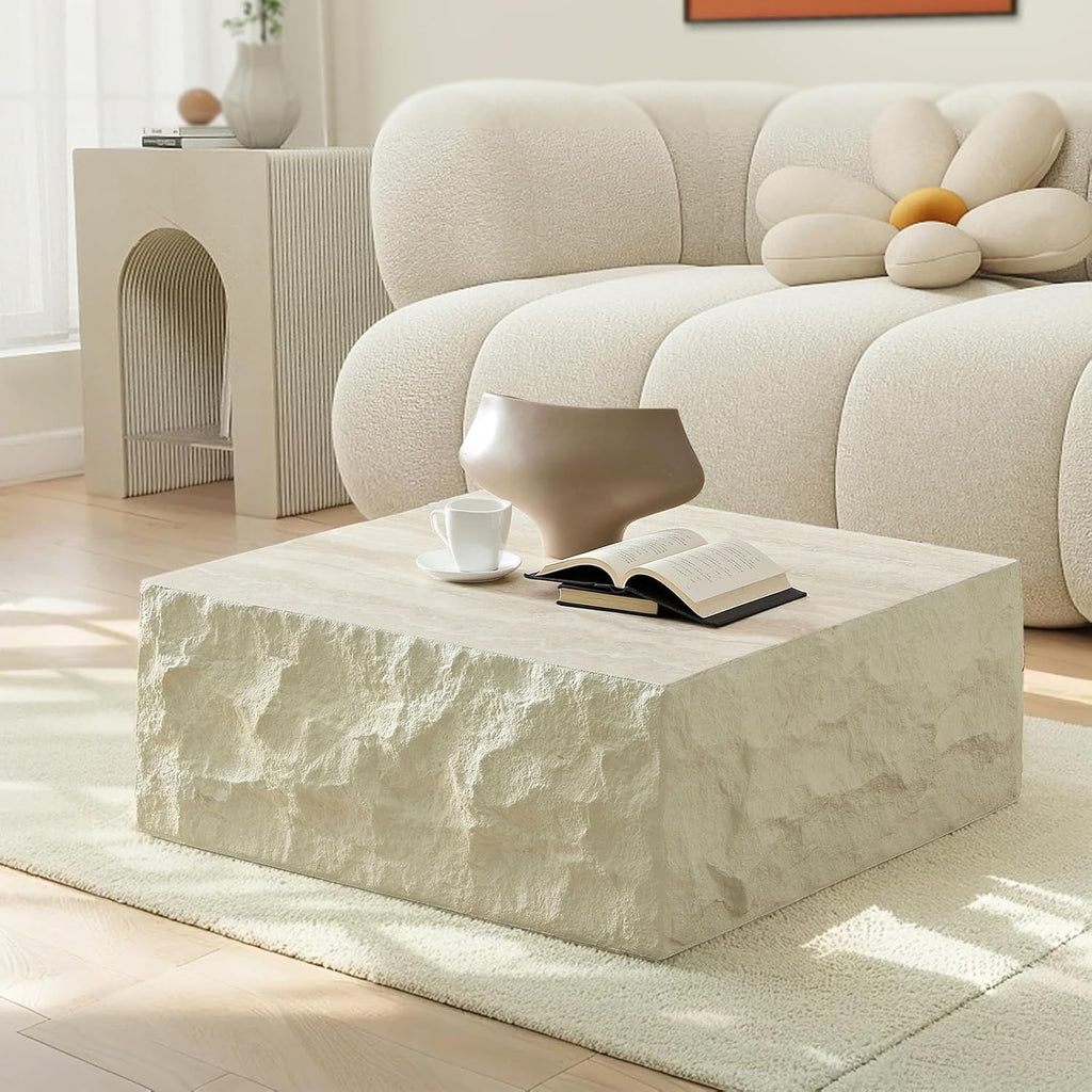 LKTART Square Coffee Tables for Living Room, Imitation Stone Fiberglass Center Table Modern Aesthetic Coffee Table for Office,Apartment,No Need Assembly