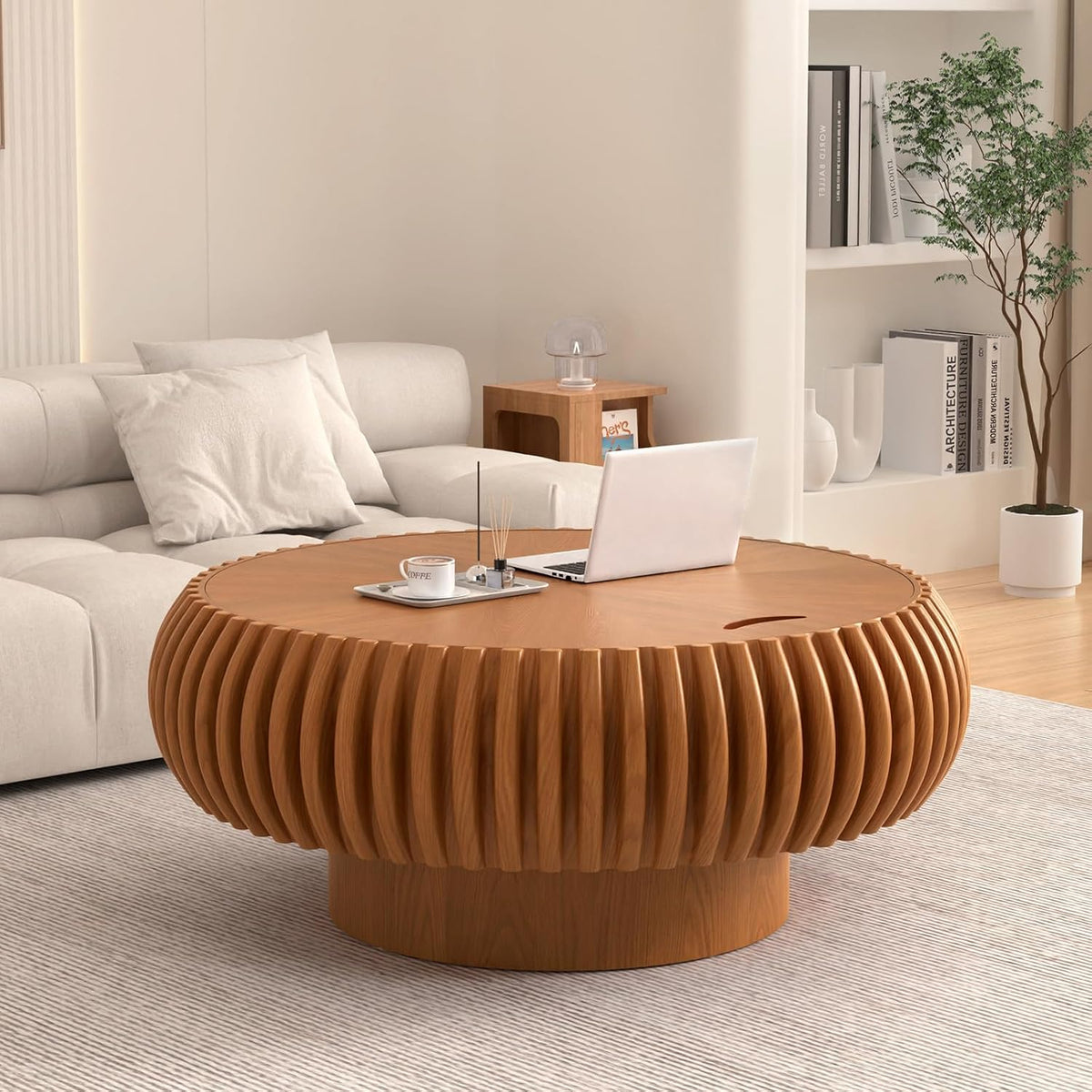 Round Handcraft Fluted Coffee Table with Sturdy Stable Pedestal Modern Luxury Drum Center Table Circle Accent Base Center Tables for Living Room Apartment (Q)