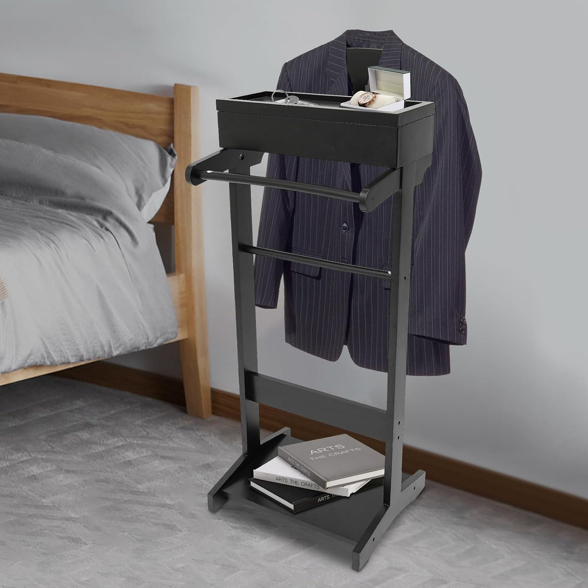 TFCFL Suit Valet Stand, Wooden Suit Rack for Men and Women, Clothes Valet Stand with Drawer & Trouser Holder, Mens Valet Stand, Valet Stand for Bedrooms, Living Rooms, Hallways, Foyers(Black)