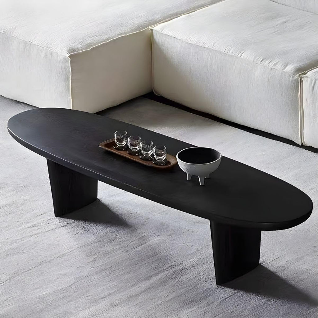 RUNNUP Black Wood Coffee Table Oval Modern Coffee Table Accent Center Sofa Table Cocktail Center Table for Small Apartment Living Room Easy Assembly, 59' L x 19' W x 16' H