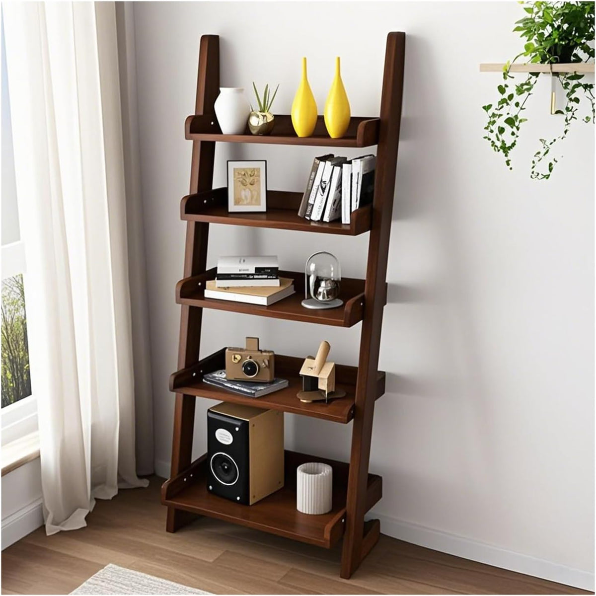 Ladder Shelf Bookcase, 5 Tier Walnut Wooden Ladder Bookshelf, Space-Saving Freestanding Storage Rack for Living Room, Home Office and Bedroom, 55.1' H