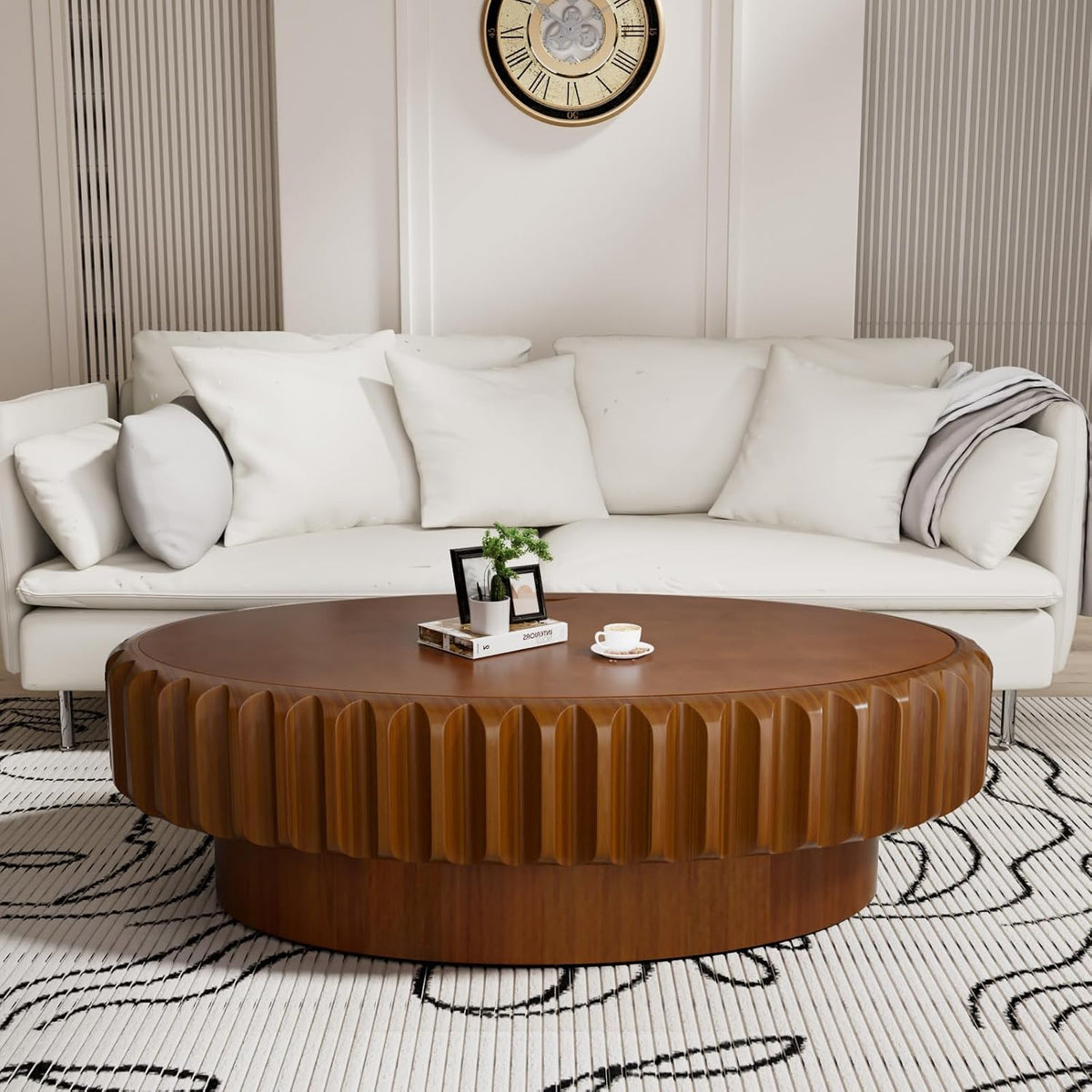 43.3'' Oval Coffee Table with Storage Drum Coffee Tables with Solid Wood Fluted, Modern Wooden Accent Center Table for Living Room, Apartment, Home, Office - Brown (Brown 43.3')