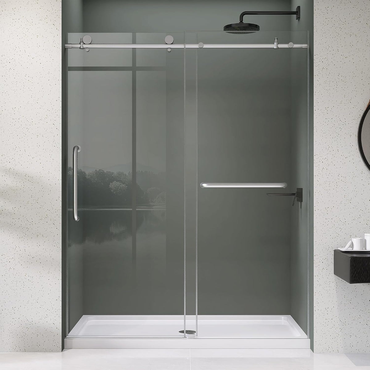 Frameless Shower Door 56-60' W x 75' H Single Sliding Shower Glass Doors for Walk-in Bathroom 1/4' Clear Easy Clean Glass Extra Tall Modern Bathroom Doors in Brushed Nickel