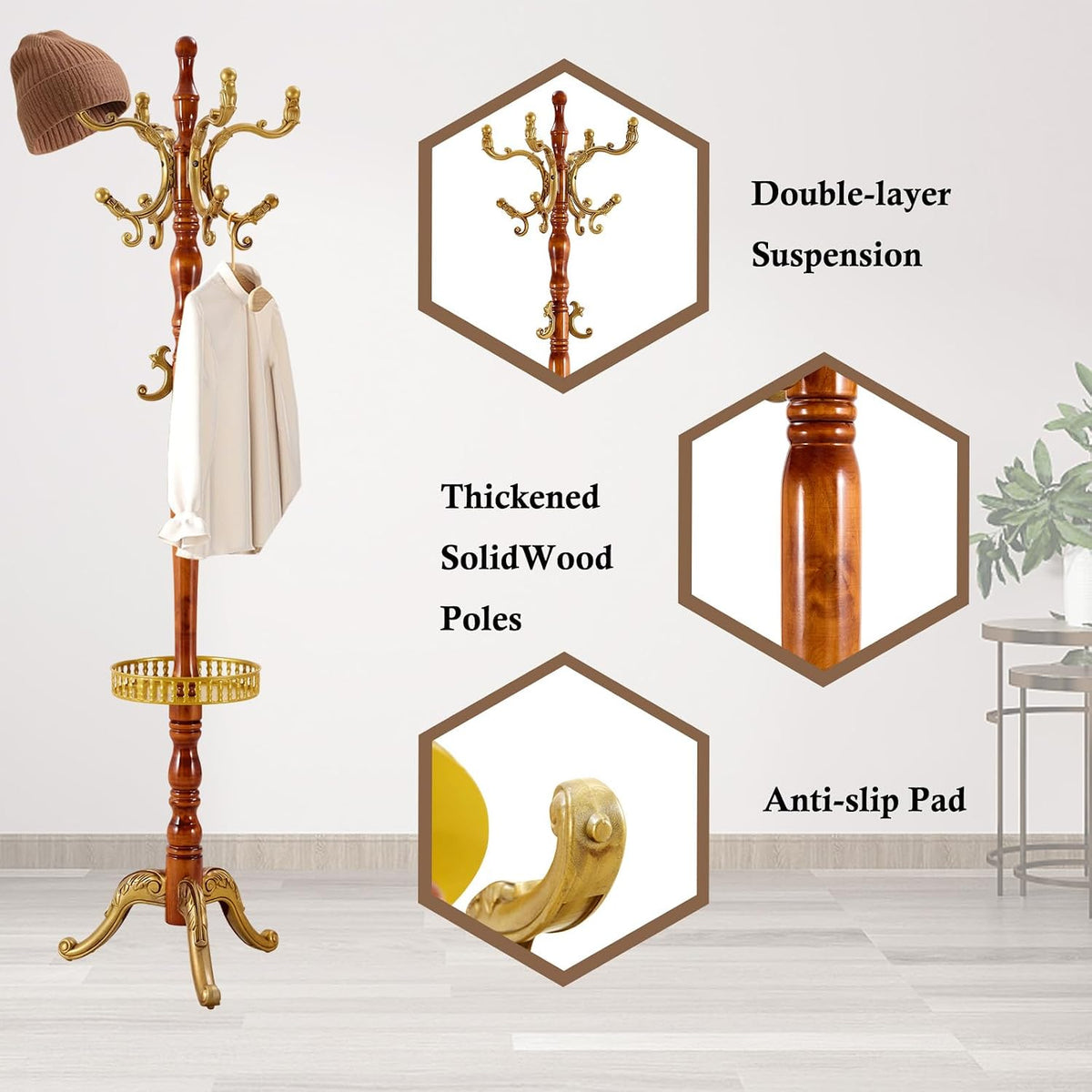 Coat Rack Stand, Solid Wooden Coat Tree with 14 Hooks, Heavy Duty Coat Rack Freestanding with Sturdy triangle Base, Natural Birch Wood Coat Hanger Stand for Entryway Bedroom (Begonia H12)