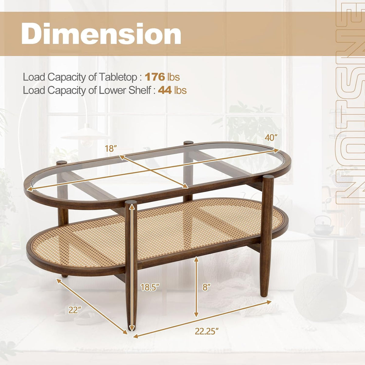 LDAILY Rattan Coffee Table, 2-Tier Mid Century Modern Center Table Oval Design with Tempered Glass Top & PE Rattan Shelf, Solid Acacia Wood Small Coffee Table for Living Room, Office, Brown (Brown)