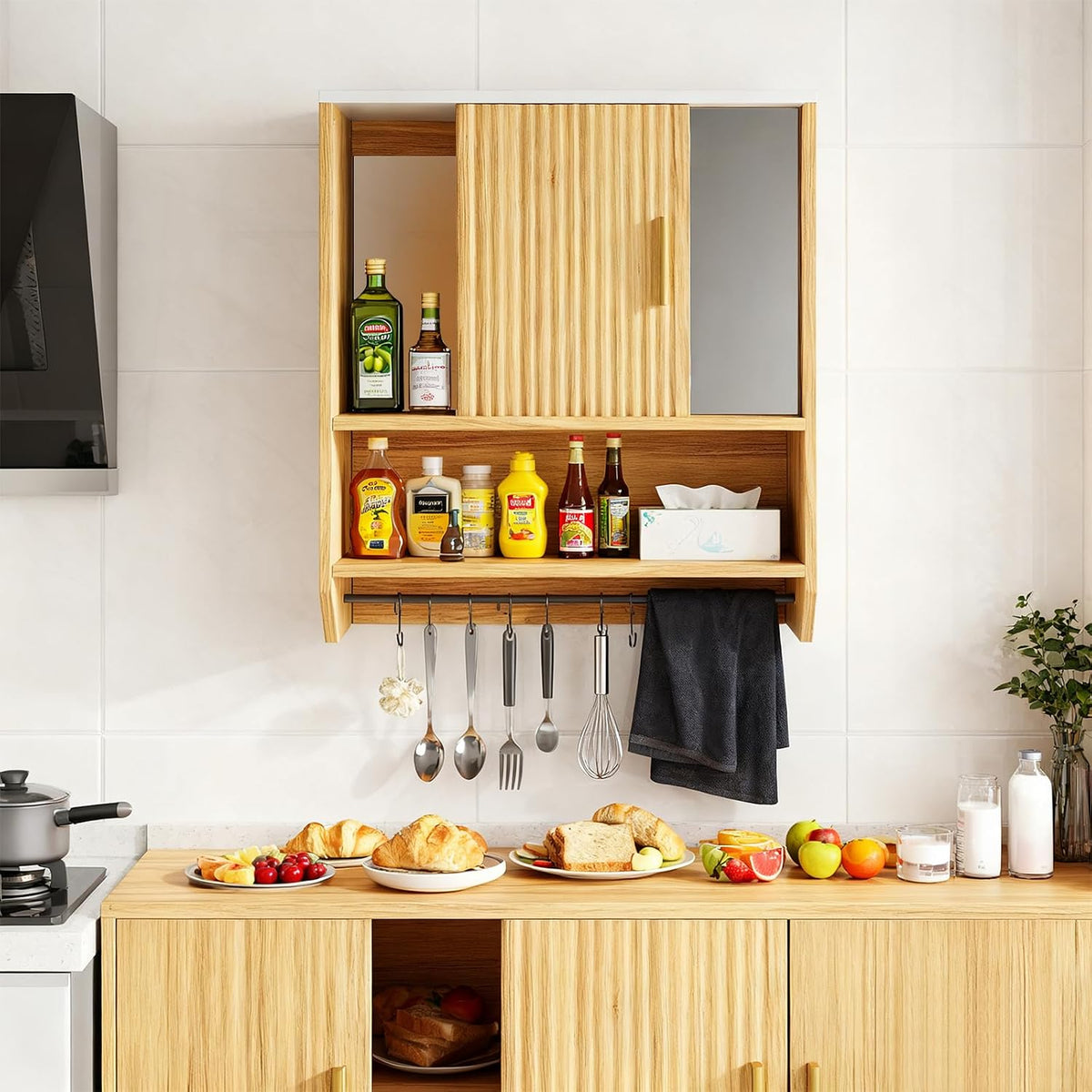 Bathroom Mirror Cabinet Wall Medicine Cabinet with Towel Bar/Hairdryer Holder/ 5 Hooks Over The Toilet Storage Cabinet for Bathroom Kitchen Laundry Room