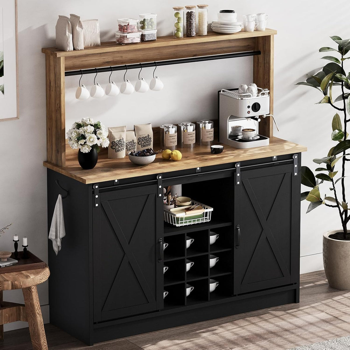 4ever2buy Coffee Bar Cabinet with Storage, 47'' Farmhouse Coffee Bar with Hutch and Sliding Barn Door, Wine Bar with 9 Wine Racks and 6 Hooks for Dining Room, Living Room, Black
