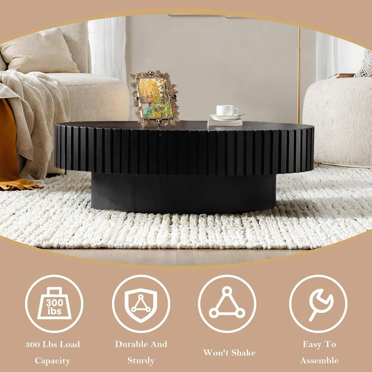 43.3' Oval Drum Fluted Coffee Table for Living Room Modern Oval Coffee Table with Pedestal Center Tables Fluted Accent Tea Tables for Apartment Living Room (E)