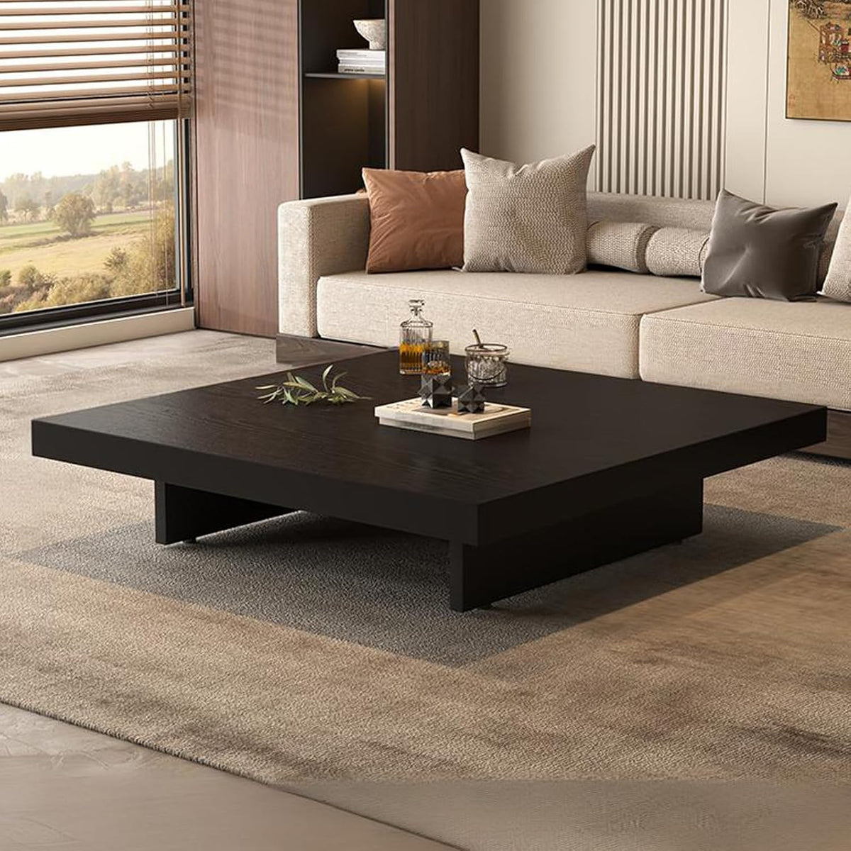 Coffee Table, Solid Wood Farmhouse Coffee Tables with Adjustable Foot Pads, Modern Large Square Center Tables for Living Room Black Square-31.5'x31.5'x 17.7'
