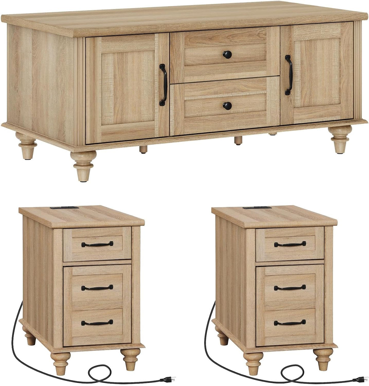 WAMPAT 3 Pieces Wooden Living Room Table Set, One Farmhouse Coffee Table with Storage Cabinet & Drawer, Set of 2 End Tables Nightstands with Charging Station, Oak