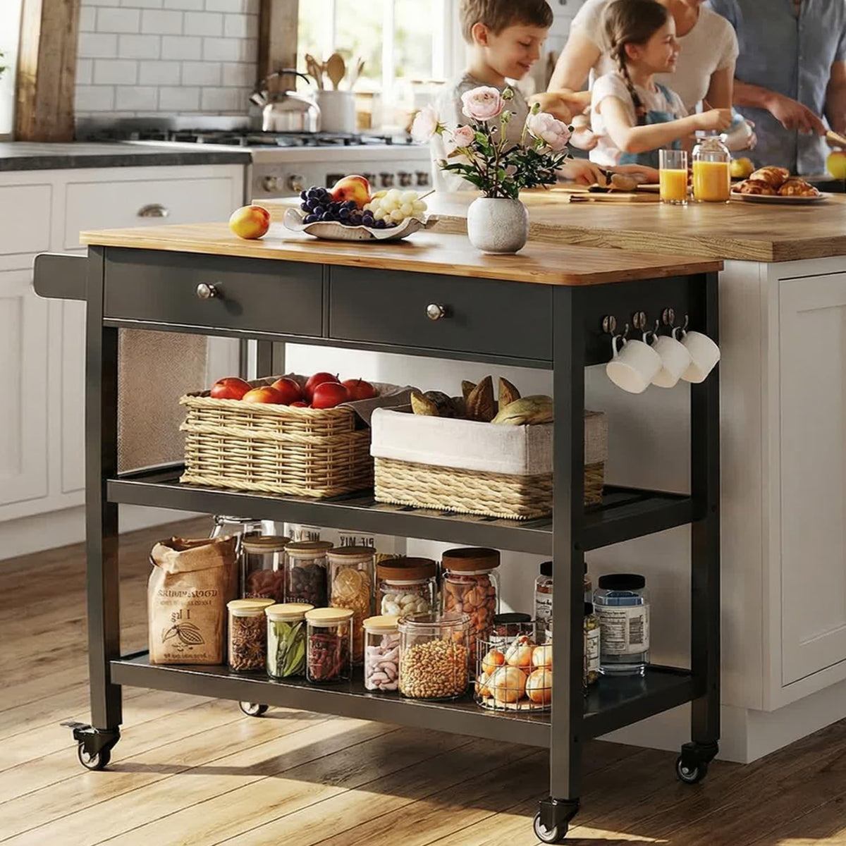 Gizoon Kitchen Island Cart with Storage, 40'' Wooden Top, 2 Tiers Spacious Shelves and Towel Bar, 2 Drawer Mobile Trolley Cart On Metal Wheels with Hooks for Dining Room, Bar, Outdoor, Black