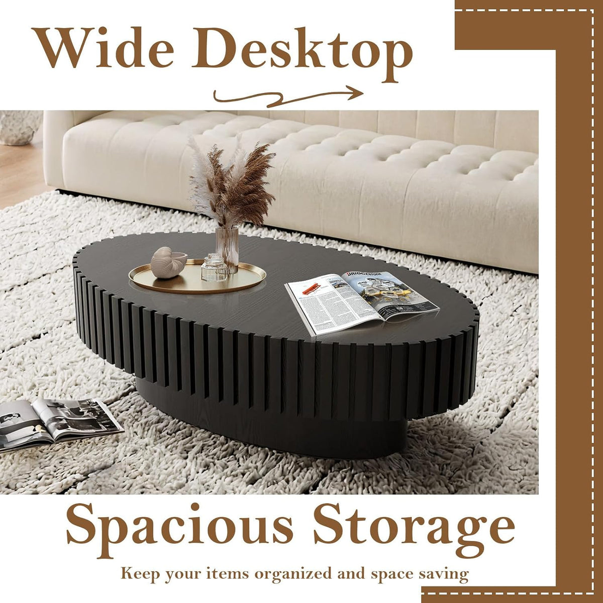 43.3' Oval Drum Fluted Coffee Table for Living Room Modern Oval Coffee Table with Pedestal Center Tables Fluted Accent Tea Tables for Apartment Living Room (E)