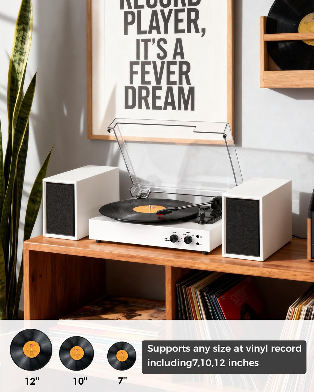 Bluetooth Record Player with External Stereo Speakers, Vintage 3-Speed Turntable | PC Recording Vinyl to MP3 | RCA Headphone Output & AUX Input for External Audio, White