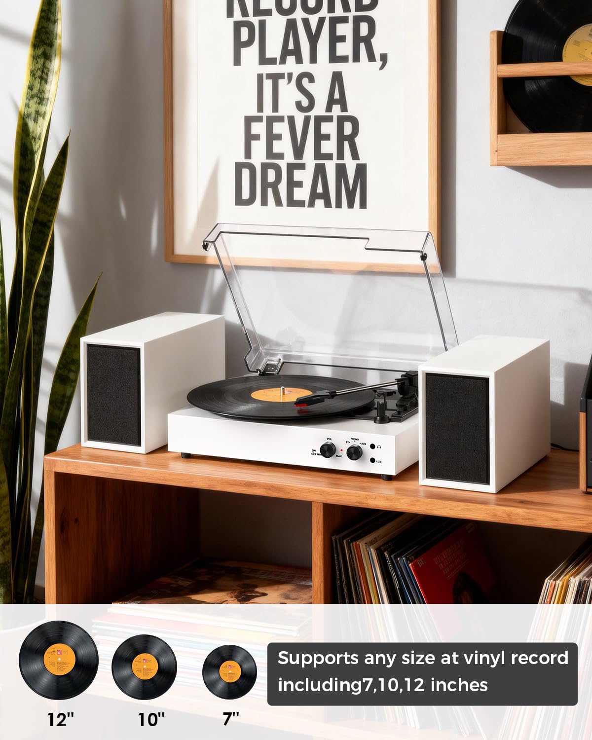 Bluetooth Record Player with External Stereo Speakers, Vintage 3-Speed Turntable | PC Recording Vinyl to MP3 | RCA Headphone Output & AUX Input for External Audio, White