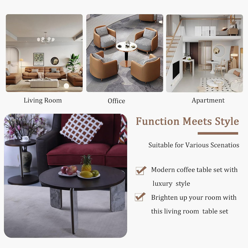 Modern Nesting Coffee Table Set of 2, 2-Piece Modern 32.68' & 16.93' Round Living Table Set with Walnut Veneer Surface 25mm MDF and Sintered Stone Legs for Living Room