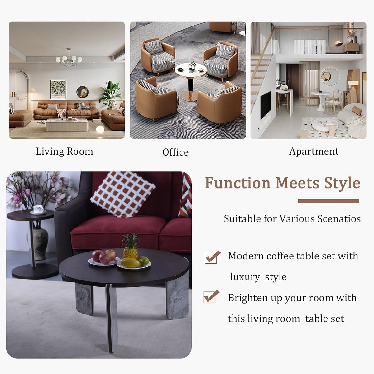 Modern Nesting Coffee Table Set of 2, 2-Piece Modern 32.68' & 16.93' Round Living Table Set with Walnut Veneer Surface 25mm MDF and Sintered Stone Legs for Living Room