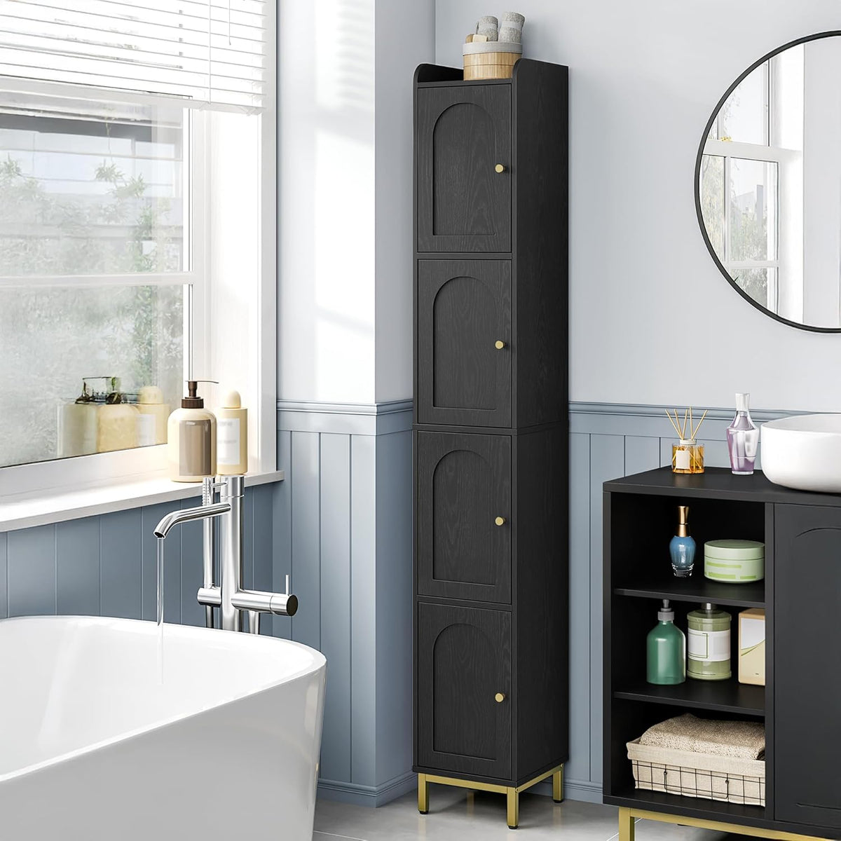 Hzuaneri 4-Tier Narrow Tall Storage Cabinet, Slim Bathroom Storage Cabinet with 4 Adjustable Feet and Shelves, Bathroom Organization for Small Space, Kitchen, Living Room, Laundry Room Black BC43304G