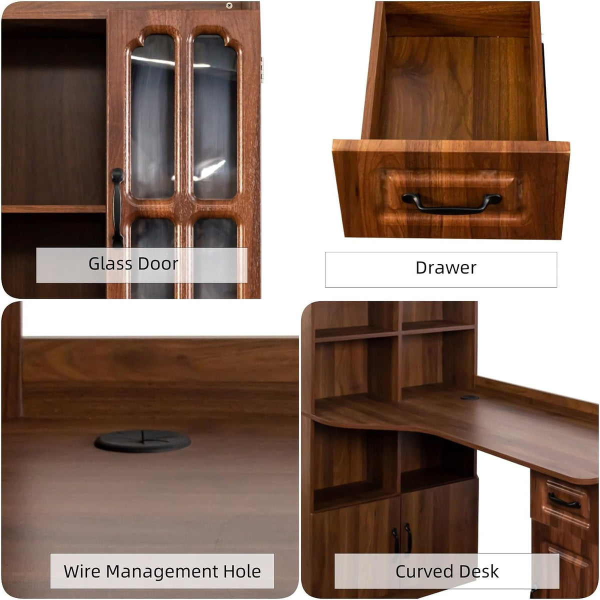 KEIKI Home Office Desks with Hutch, Drawers, Bookshelf, Storage Cabinet & Glass Doors, Modern Wooden Computer Corner Table for Work, Study, Writing