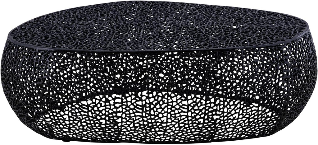 Oval Coffee Table with Iron Hollow Design in Black & Silver & Gold,Drum Tea Cocktail Table for Living Room No Assemble